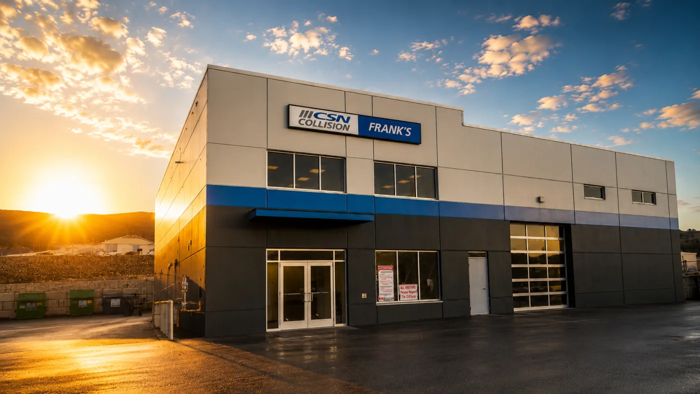 CSN Frank's Collision Repair Centre shop in Vernon, BC at sunset